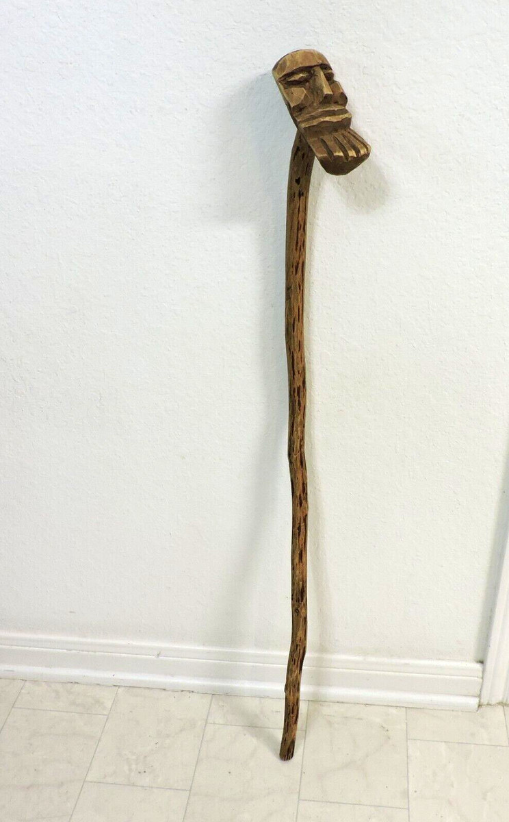 Hand Carved Folk Art Bearded Man Face Walking Cane Stick View 4