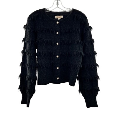 Listicle Cardigan Tiered Fringe Button Up Long Sleeve Black Size Small