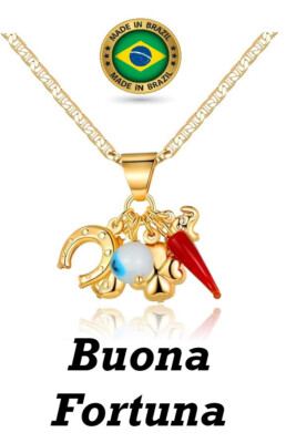 18K GP Luck Charms Necklace Mariner Chain 18'' Fortuna Cornicello Malocchio