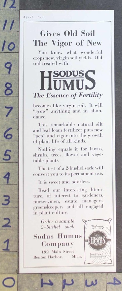 1921 SODUS HUMUS LAWN SOIL FERTILIZER GARDEN FARM BENTON HARBOR MI AD FC11295 