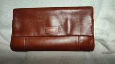 VTG FOSSIL ELIS Brown Leather Tab Clutch/Wallet Snap Flap Card Org Zip Classic