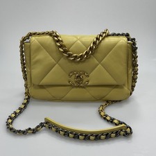 Authentic Chanel 19Bag Small Yellow Quilted Lambskin Luxury Shoulder Bag