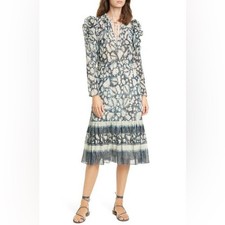 Ulla Johnson Nadia Dress Indigo Silk Cotton Batik Metallic Midi Dress Size 2 Boh