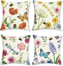 Spring Floral Outdoor Throw Pillow Covers 18x18 Set of 4 Wildflowers Plants