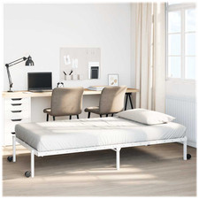 Bed Frame Foldable White Steel 90x200 cm Wheels Underbed Storage Foldaway Design
