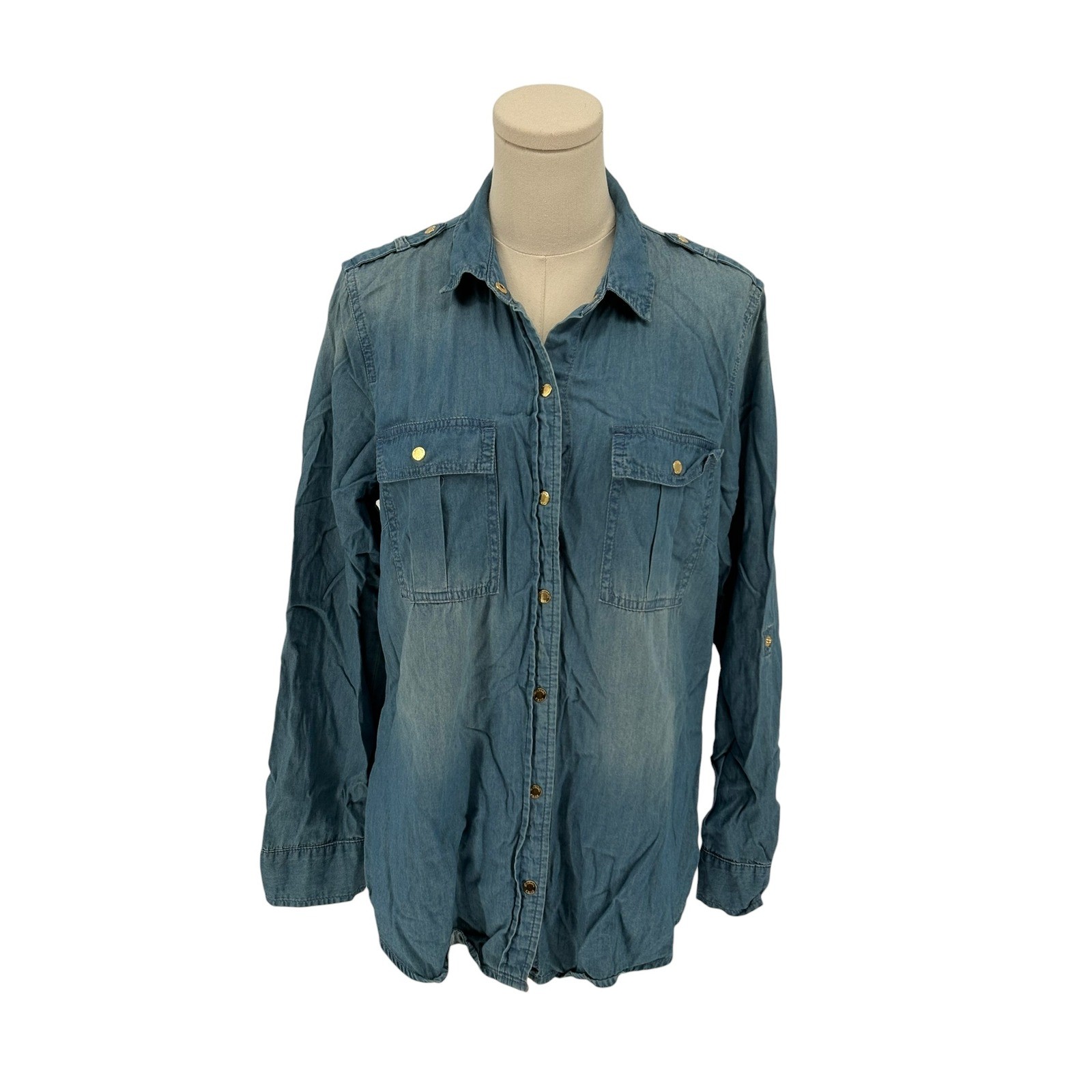 Michael Kors Womens Denim Shirt Long Sleeve Button Down Gold Tone Logo Size L