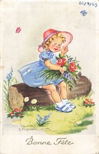CP ILLUSTREE SIGNEE LAGARDE PETITE FILLE CHAPEAU FLEURS SUR TRONC - 70201