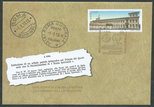 2013 ITALY FDC POSTAL ENVELOPE QUIRINAL NO ARRIVAL STAMP - FB