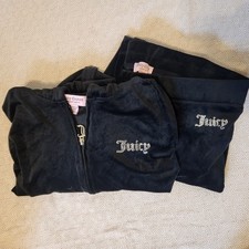 Juicy Couture Black Velour Tracksuit Set Size XL Full Zip Hoodie Rhinestone Y2K