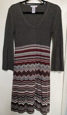 London Times Women's Gray Ribbed Sweater Dress w/ Burgundy Chevron Bottom Size S