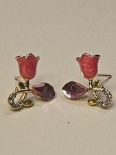 Pink Tulip Stud Earrings Enamel Rhinestones Gold Tone Alloy Ear Jewels