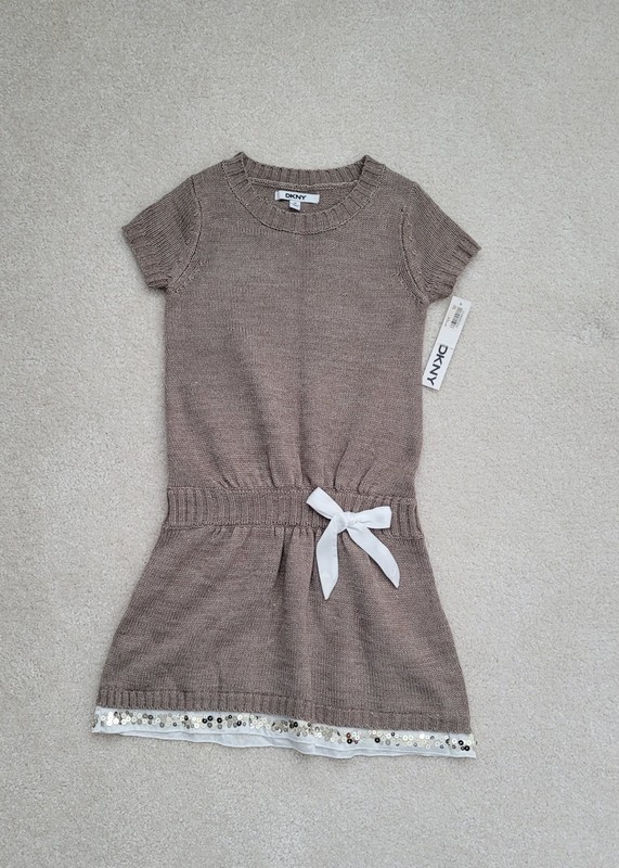 DKNY girls knit gray dress short sleeve, white ribbon