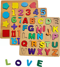 2PCS Wooden Alphabet Number Shape Puzzles for Toddlers, Educational Learning Puz