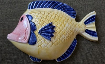 Vintage 70er Jahre Devon Keramik Fisch Wandrelief hängend Handarbeit 19 cm