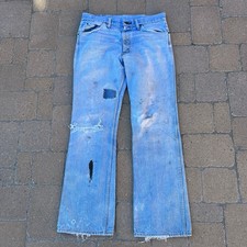 1960s Sears Roebucks Bell Bottom Repaired Thrashed Blue Jeans 34x32