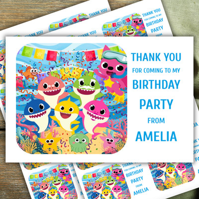 Personalisierte BABY HAI Geburtstag DANKE AUFKLEBER für Partytüten x16
