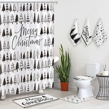 7 Pcs Christmas Bathroom Set Xmas Shower Curtain Decor Shower Curtain Non Sli...