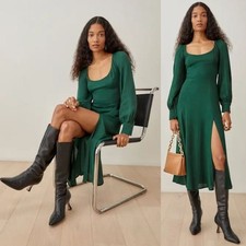 NEW Reformation Alessi Midi Dress Puff Sleeve Side Slit Coquette Green Size 2