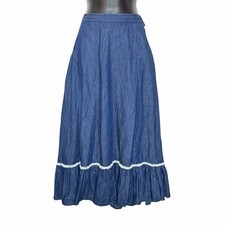 VTG 80s 90s DENIM  LACE RUFFLE MAXI SKIRT WESTERN BOHO COTTAGE CORE PRARIE SZ M