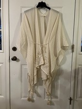 Anthropologie Tasseled Eyelet Kimono Cream One Size Belt Boho Cover Up EUC