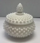 Vintage White Fenton Hobnail Milk Glass Powder Jar Candy Trinket Dish With Lid