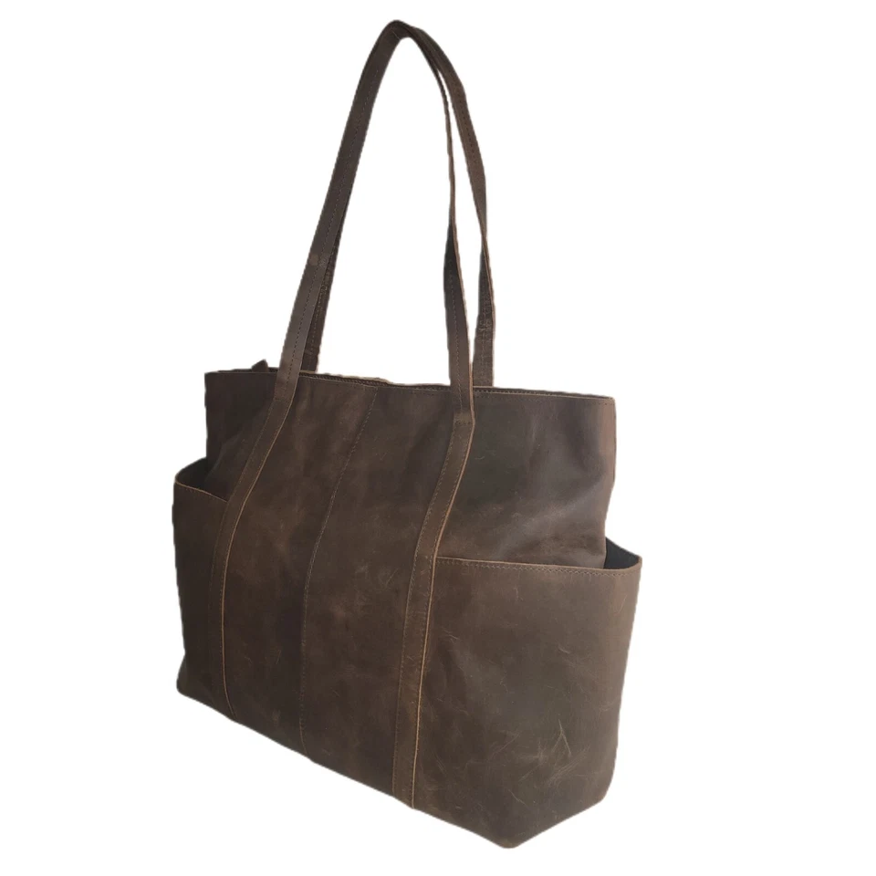 NUEVO Bolso de Mano Extra Grande con Bolsillos Laterales - Cuero Granulado Superior, Cuero Genuino Foto 3 de 4