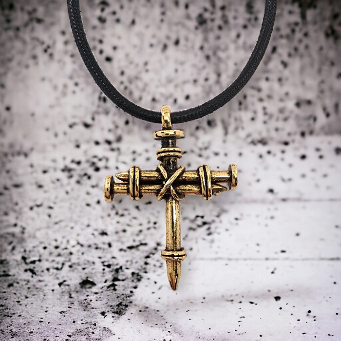 Nail Cross Necklace Pewter Gold Finish (aac9g) Three Nail