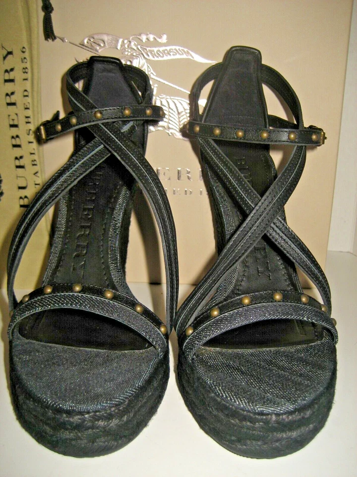 $425 NUEVO Burberry EE. UU. 8 UE 38,5 Negro Denim Cuadros Alpargata Cuñas Sandalias Zapatos Foto 3 de 4