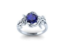 Leaf Hexagon Cut Natural Blue Sapphire Ring Platinum Vermeil 925 Engagement Ring