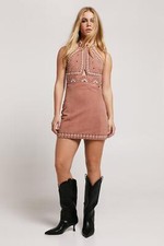 BNWT NastyGal Real Suede Studded Halter Mini Dress Baby Pink Size:18 RRP:£219.0