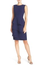 Eliza J EJ6P2909 Ella Cascade Crepe Sheath Dress Petite SZ 0P Indigo