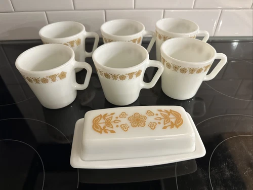 Vintage Pyrex Butterfly Gold Set Butter Dish Lid D Handle Milk Glass Coffee Mugs