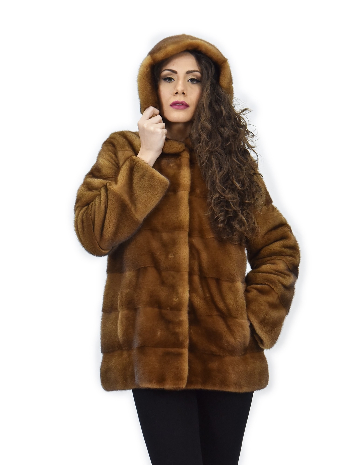 Coat 72 cm golden 42 horizontal mink fur with full long-sleeved leather