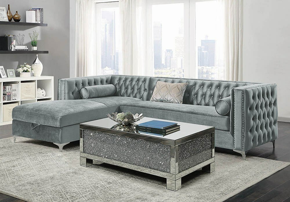 Coasters Furniture Silver Velvet Bling Storage Sofa Sectional Living Room Set