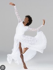 Women White Lace Long Sleeve Praise Dance Dress BalletChurch Dancewear Costume L