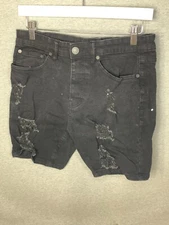 BOOHOO MAN Jean Shorts Mens 32 Black Destroyed Relaxed Fit Preppy Designer Boho