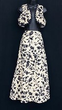 Vintage 1970s black white maxi skirt set, floral embroidered crop vest boho