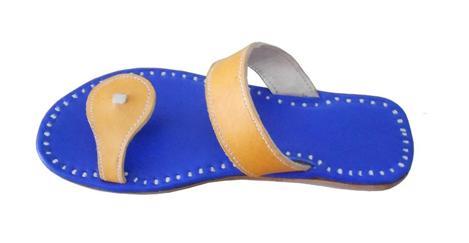 Chinelos femininos indianos feitos à mão couro tradicional azul balé jutties planas EUA 4 - Imagem 2 de 4