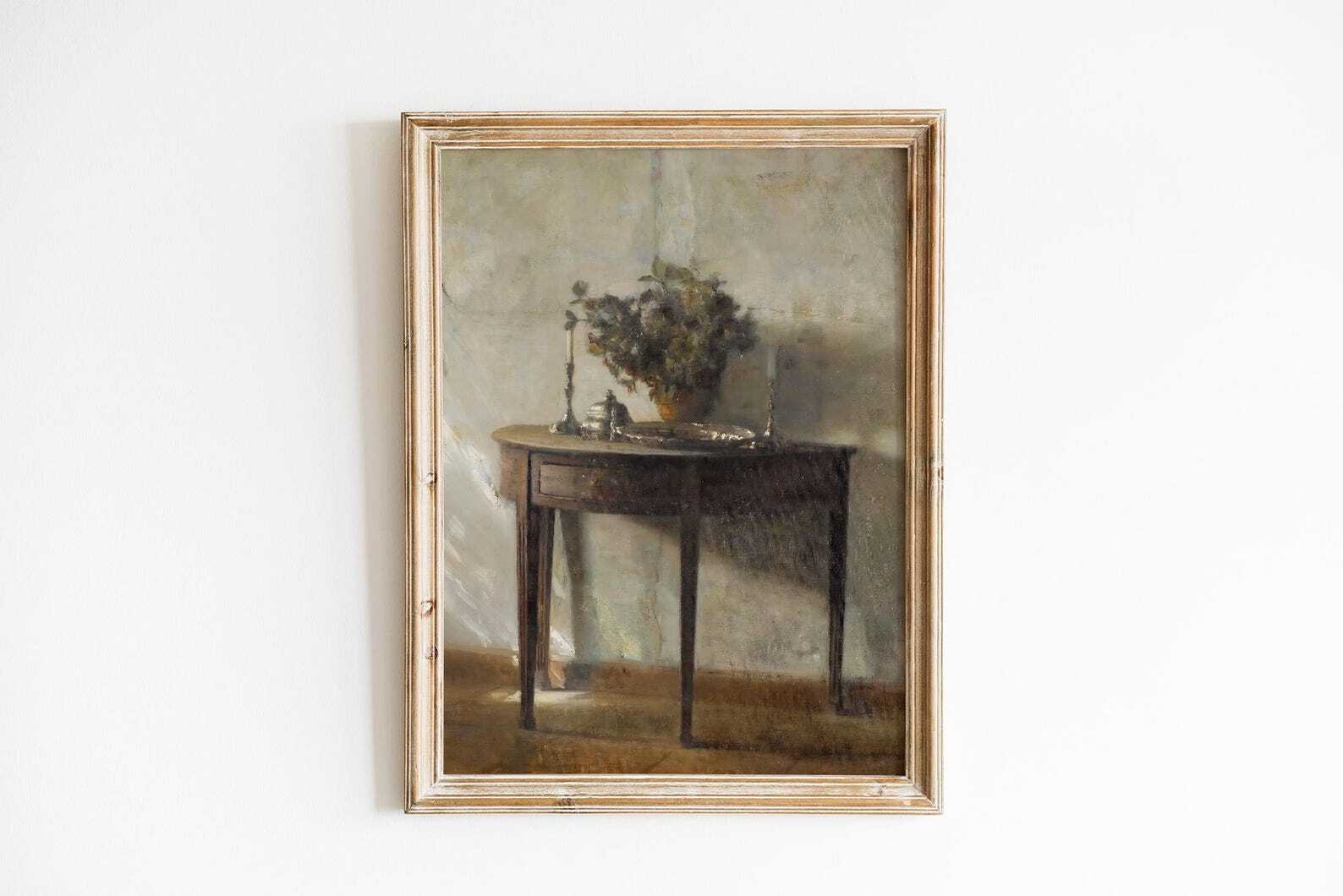Cottage Core Decor Vintage Oil Painting Still Life Print Neutral Wall Art