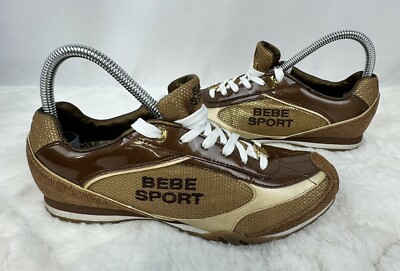 Women s BEBE Sport Gym Shoes Brown/Gold Leather/Synthetic Upper Size 8