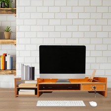 Wood Computer Monitor Stand W/Drawers Office Desktop Storage PC Holder Stand