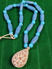 Vintage 1980s Chunky Carved Lucite Statement Necklace Turquoise Tribal Beads