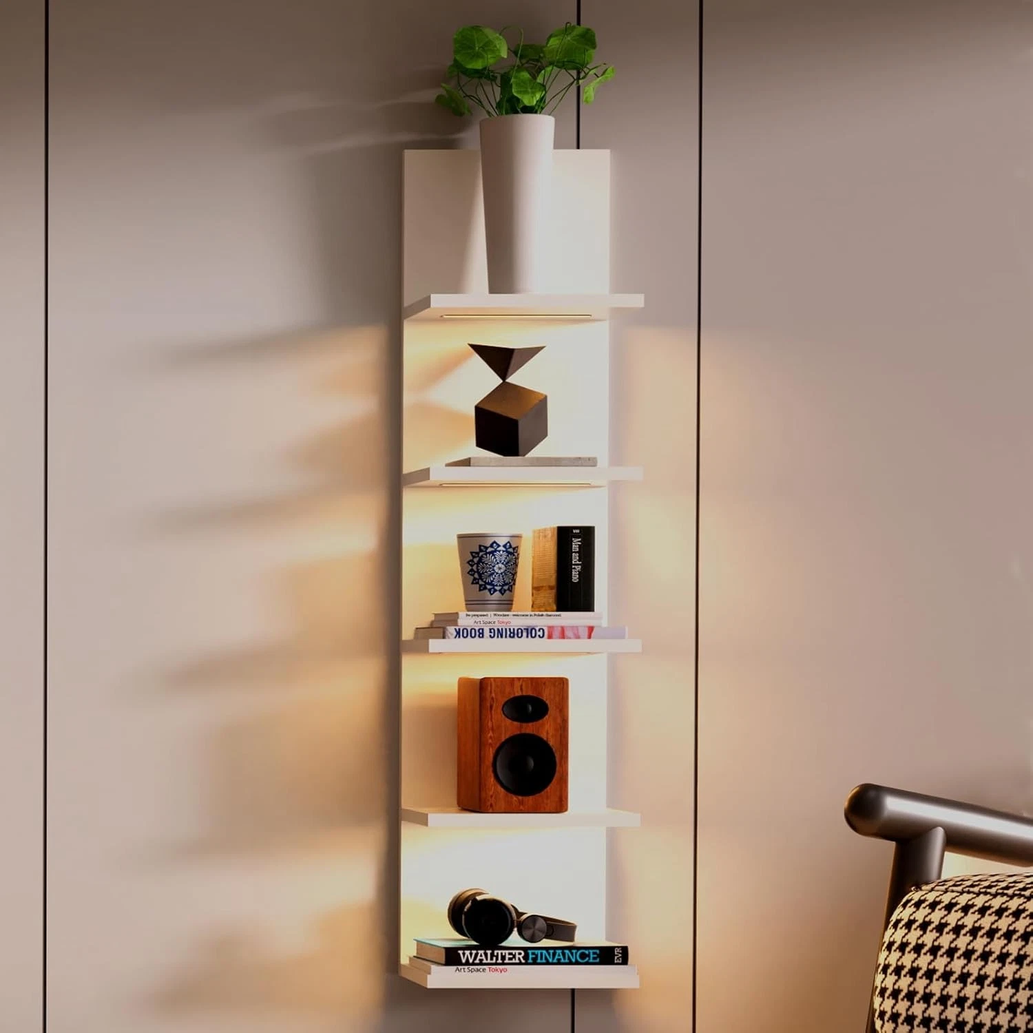 5 Tier Wall Shelves W/ LED Light Modern Wall Mount Lack Shelf Vanity Floating