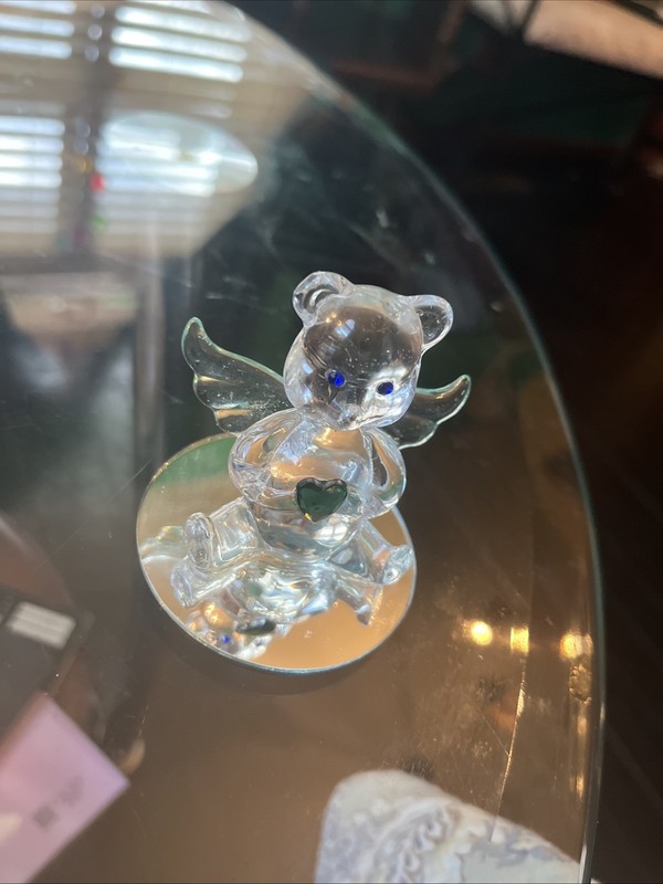 Vintage Glass Crystal Teddy Bear Angel on Mirror Base, Sitting w Heart