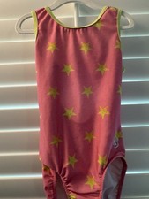 K-Bee leotard GYMNASTICS DANCE BALLET size CL child large PINK YELLOW stars