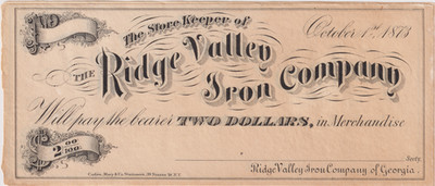 Rome Georgia $2 Dollar Bill Ridge Valley Iron Company Currency Shannon Old Note