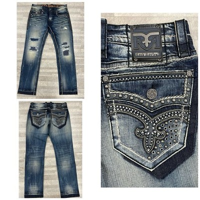 New Rock Revival Men's Arwel Alt Straight Studded Jeans In Blue Size: 32
