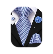 Men Blue Neck Tie with Lapel Pin Set Formal Silk Checkered Necktie Pocket Squ...