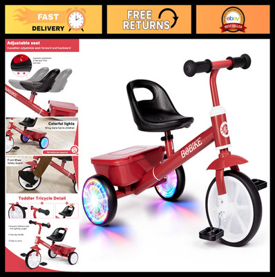 Toddler Tricycle for Ages 2-5, LED Light Wheels, 3-Position Seat & Rear Basket,