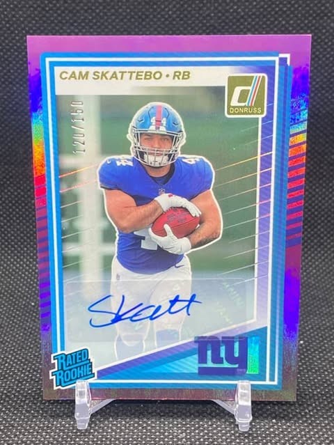 2025 Panini NFL Donruss Cam Skattebo Purple Parallel Rated Rookie Auto 120/150